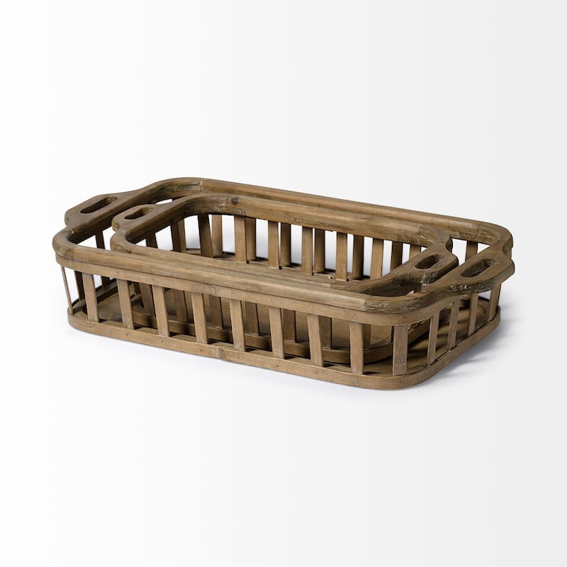Louis Set of 2 Natural Wood Slated Nesting Trays - 27.6L x 14.0W x 4.9H