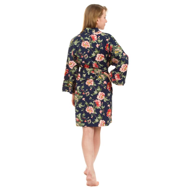 Leisureland Women's Cotton Poplin Robe, Short Kimono Floral Robe