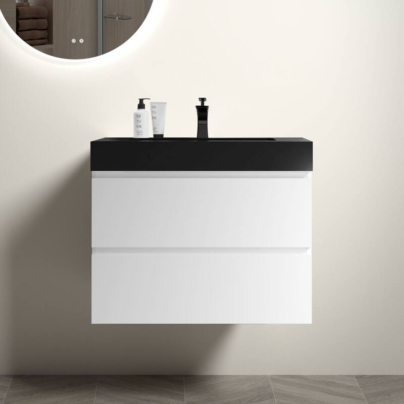 Modern 30" Alice Floating Bathroom Vanity with Rosewood Finish, Handle-Free Design, Silent Soft-Closing Drawers - 29.9in L Melamine - 29.9in L White+Black