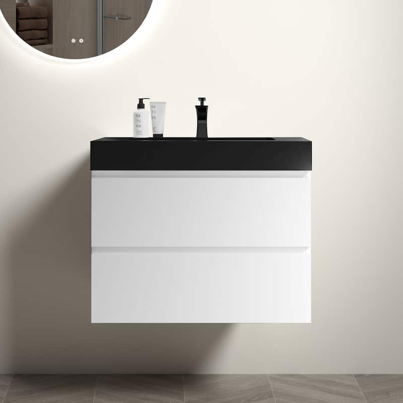 Modern Large Storage Wall Mounted Bathroom Vanity with One-Piece Sink Basin without Drain and Faucet - White+Black