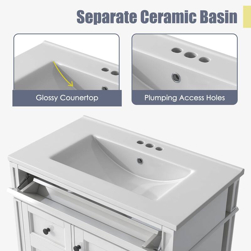 Modern 30 Inch Bathroom Vanity with Top Sink, Soft-Close Doors, Hidden Storage, and Drawer Organizer