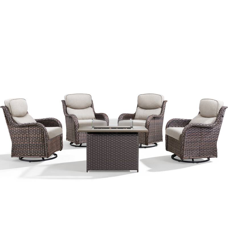 Meyreso 5-Piece Outdoor Patio Wicker Fire Pit 4 person Conversation Set with 5-Inch Thick Cushions