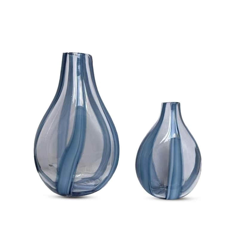 Set of Two Tear Drop Striped Glass Vases in Blue