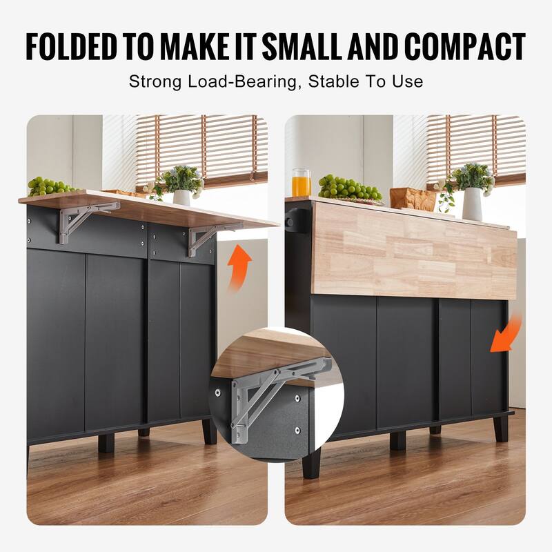 Black Kitchen Island Cart Serving Cabinet with 4 Storage Drawer 4 Multi-Functional Hooks - 50x29x37 inch