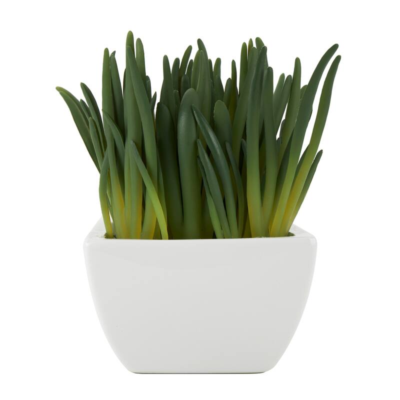 Faux Foliage Artificial Plant with White Ceramic Pot - Green - Roche River Decor - 6"W x 8"L x 8"H