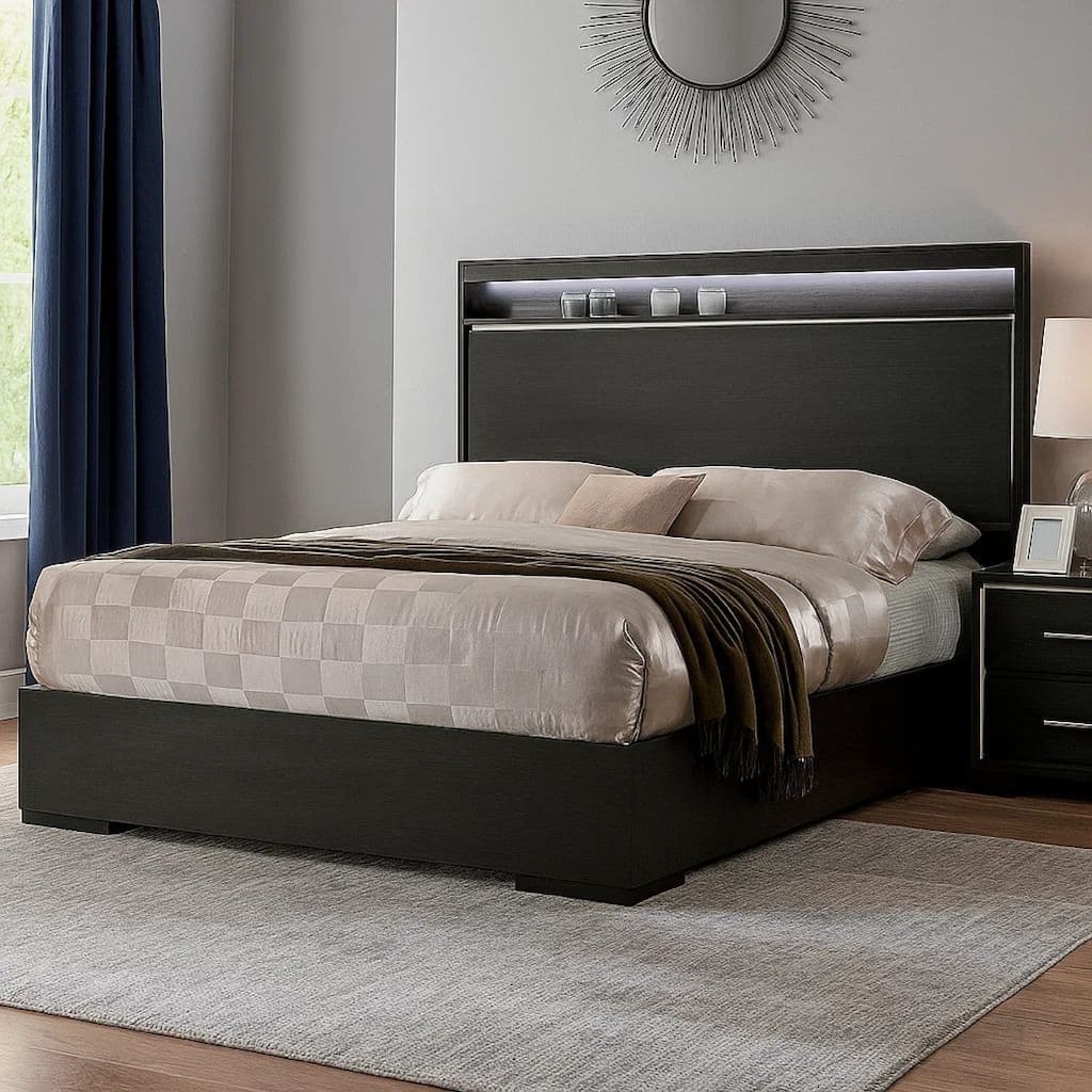 Transitional Wooden Queen Size Platform Bed with Chrome Trim Accents, Gray