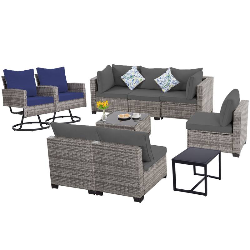 10-Piece Gray Wicker Patio Conversation Set,6 Sofas, 2 Swivel Chairs,2 Table