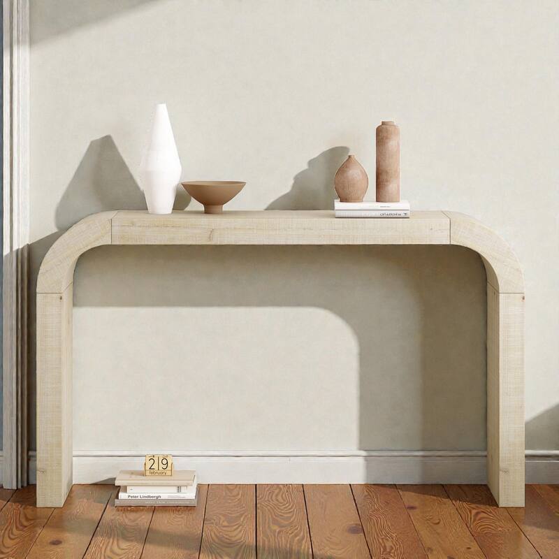 52 Inch Wood Console Table with Curved Edge, Rustic Cedar Veneer Entryway Table with Sled Base for Living Room