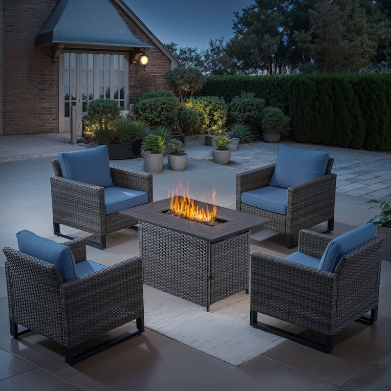 Outdoor Fire Pit Table with Patio Funiture - Grey Wicker Blue Cushion - 4 Patio Chair w/ Fire Table