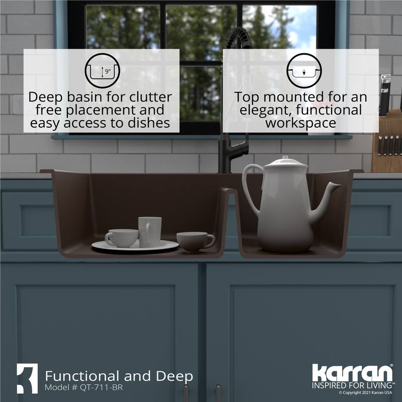 Karran Drop-In Quartz 33 in. 1-Hole 60/40 Double Bowl Kitchen Sink Kit