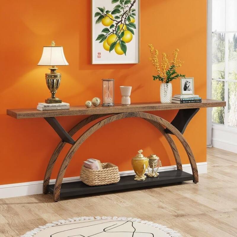Farmhouse Industrial Console Table with Curved Base 2 Tier Wood Grain Top Metal Frame Entryway Hallway Sofa Table