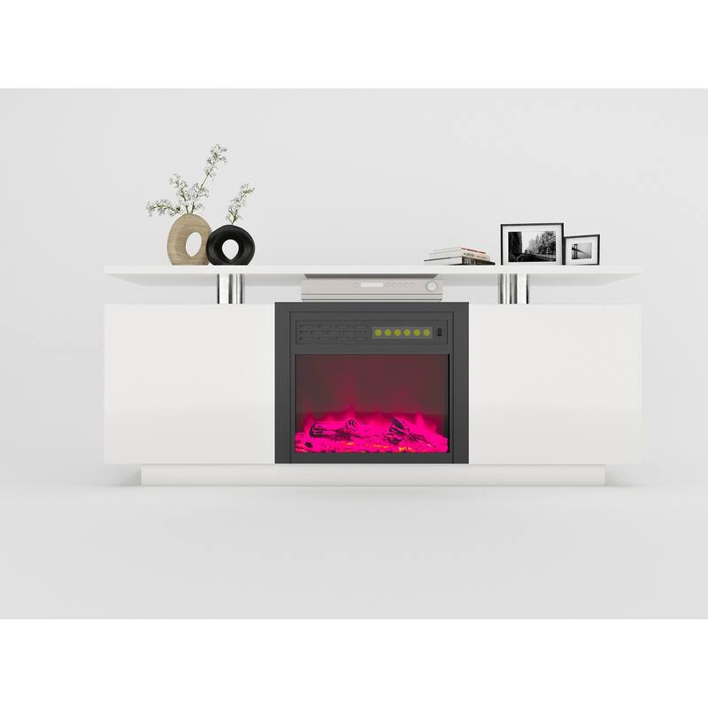 70" High Gloss TV Stand with Built-In Electric Fireplace, 9-Color Flame, Storage Shelves & Remote, for 80" TVs
