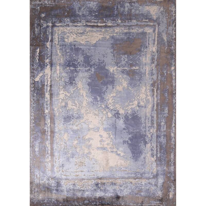 Abstract Modern Area Rug Handmade Blue Wool Carpet - 5'4" x 7'6"