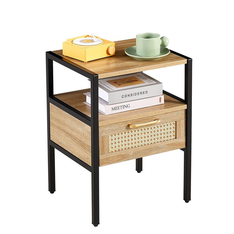 Modern Natural Rattan Wooden Nightstand/End Table/Side Table with Drawer(Set of 2)