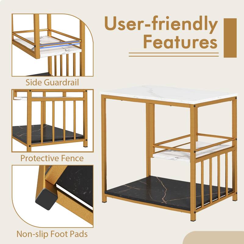 Modern Marble and Gold Side Table with 3-Tier Storage Shelves for Living Room or Bedroom Use - 23.5" x 15.5" x 24" (L x W x H)