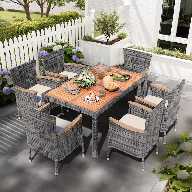 5-Piece Outdoor Wicker Dining Set with Wood Desktop Table and Chairs - N/A - 7 Pieces-Grey