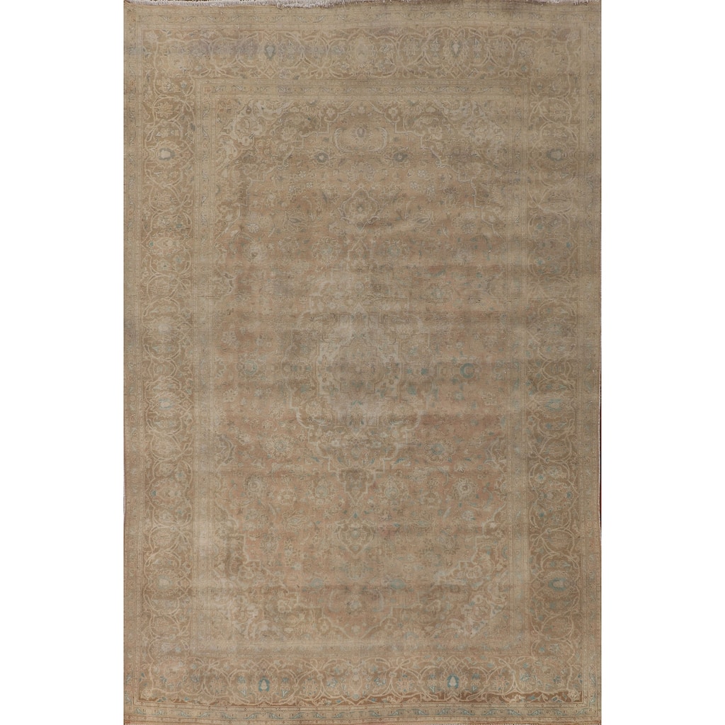 Distressed Mashad Persian Vintage Area Rug Handmade Wool Carpet - 7'11"x 11'6"