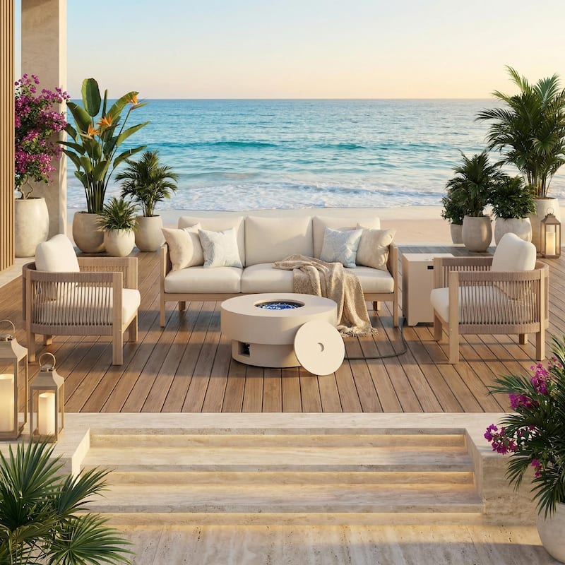 Outdoor 5-Piece Conversation Set with Fire Pit 3-Seater Sofa and Arm Chair