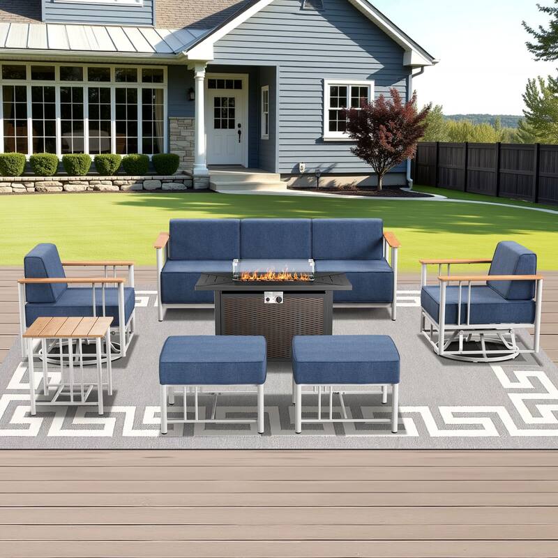 Pocassy 7PCS Sofa Chair Table with Fire Table - White & BLue Cushion - 7PCS Sofa Chair Table with Fire Table