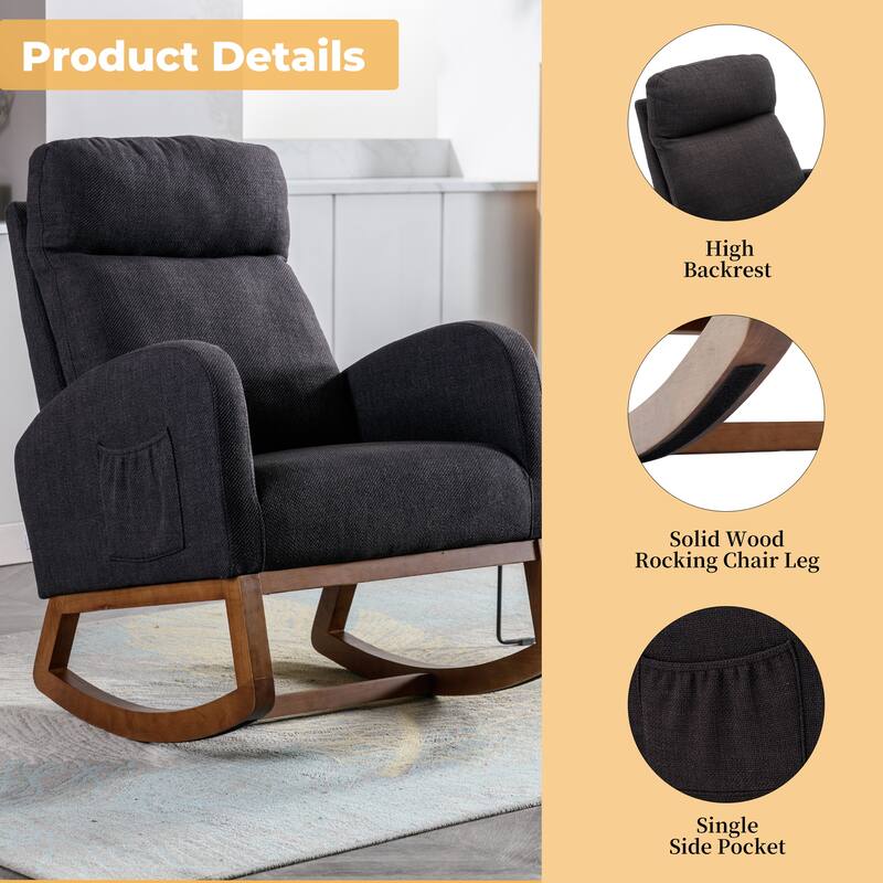 Linen High-Back Rocking Chair with Recliner Function, Side Pocket, and Solid Wood Legs
