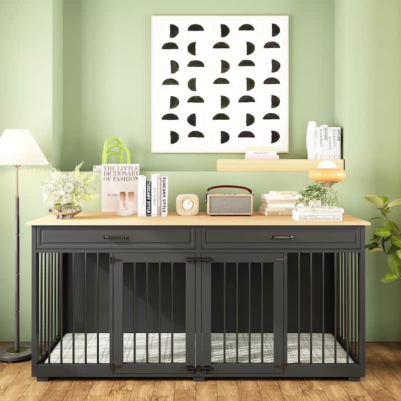 72.4 Inch Wooden Large Furniture Dog Crate with Drawers & Divider