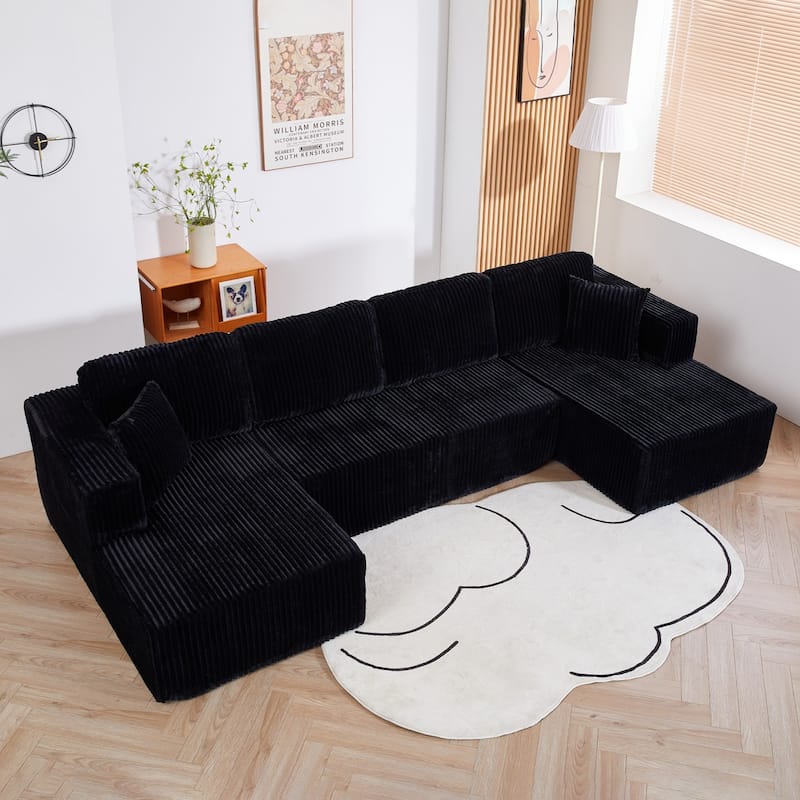 130" U-Shaped Terrycloth Fabric Sectional Sofa, No Assembly Required - Black