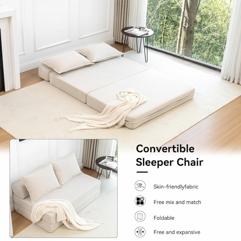 Foldable Sofa Bed Sleeper Lounge Chair with Pillow, Floor Mattress Couch with Backrest