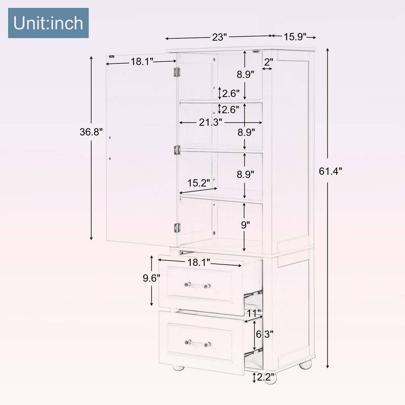 Tall Bathroom Storage Cabinet with Adjustable Shelves and Two Drawers,for Durability and Style