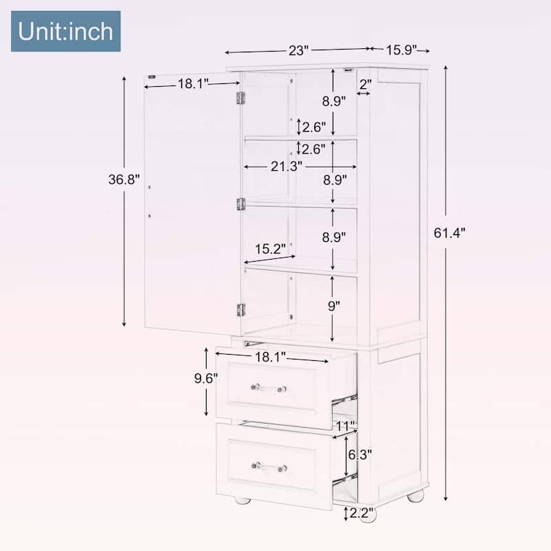 Tall Bathroom Storage Cabinet with Two Drawers and Adjustable Shelf