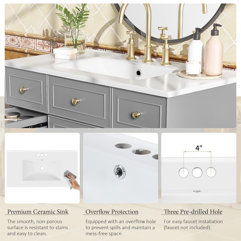 36" Bathroom Vanity with Ceramic Sink, Solid Wood Frame, Soft Close Doors, Adjustable Shelves, 3 Drawers for Extra Storage