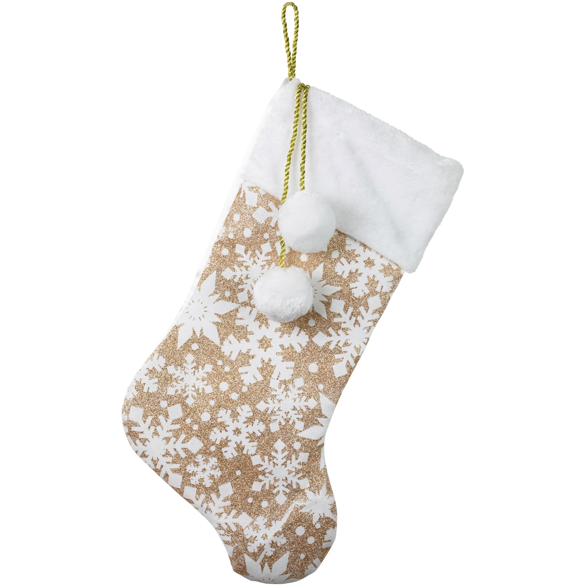 20.5" Glittered Gold Christmas Stocking with Snowflakes and Pom Poms