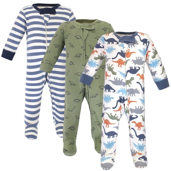 slide 1 of 1, Touched by Nature Baby Boy Organic Cotton Zipper Sleep and Play 3pk, Dinosaurs 0-3 Months
