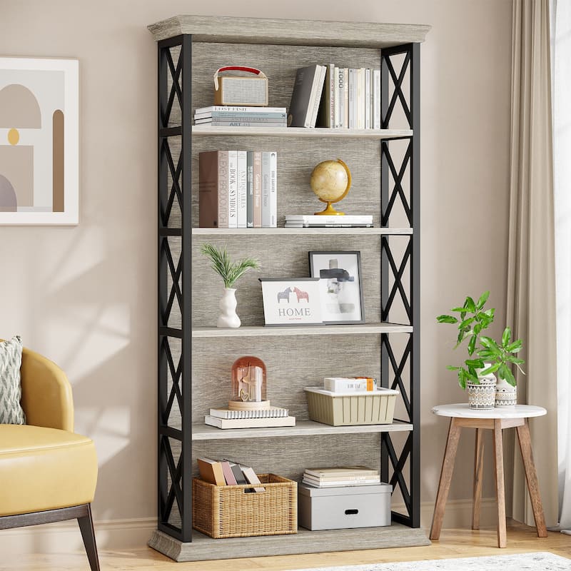 5-Tier Industrial Bookcase, 71 Inches Bookshelves and Bookcases - Light Gray+Black