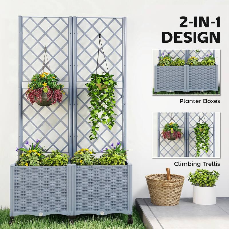 Outsunny Planter Box with Trellis, Self Watering Raised Garden Bed with Lockable Wheels, 56.3" Trellis Privacy Planter