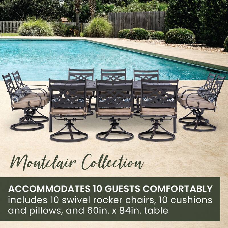 Hanover Montclair 11-Piece Dining Set in Tan with 10 Swivel Rockers and a 60-In. x 84-In. Table