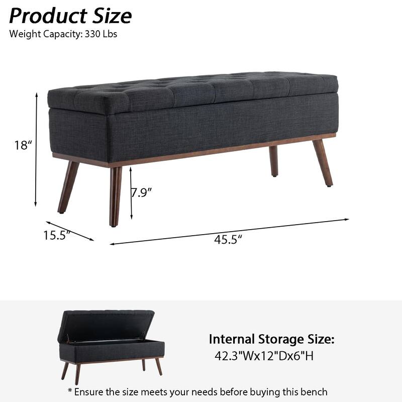 Linen Storage Ottoman Bench with Wood Legs, Upholstered Entryway Bench Tufted Mid Century Modern Ottoman Bedroom End of Bed