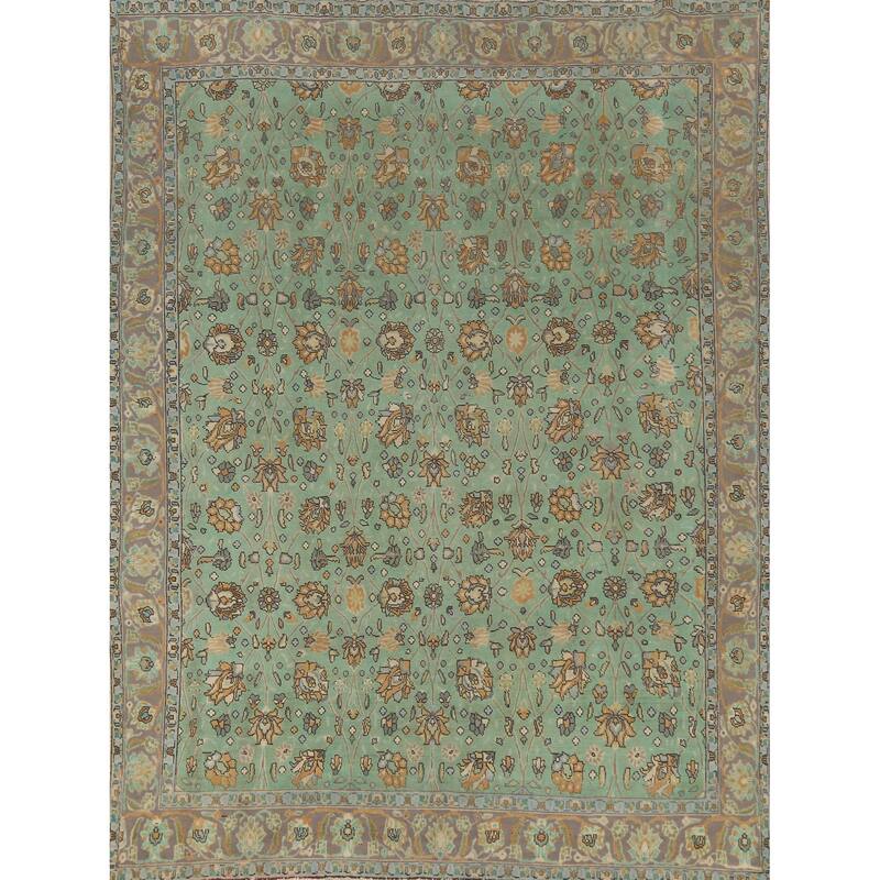 Hand Knotted Oriental 100% Wool Carpet Traditional All-Over Green Tabriz Area Rug - 10' 10'' X 8' 7''