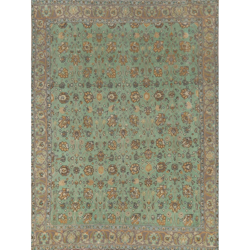 Hand Knotted Oriental 100% Wool Carpet Traditional All-Over Green Tabriz Area Rug - 10' 10'' X 8' 7''