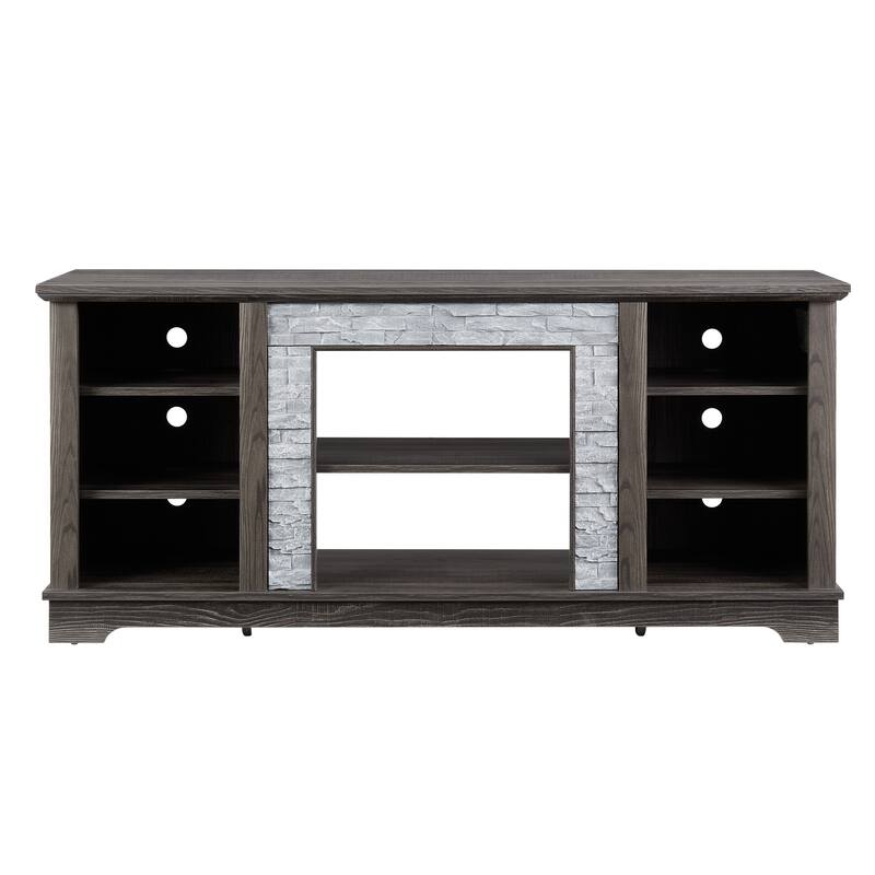 Anmytek Farmhouse TV Stand with Faux Stacked Stone Surround Accent Media Console for 60-69 inches TV Rustic Storage Cabinet