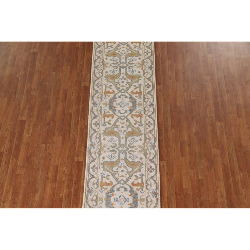 Beige Floral Oushak Runner Rug Hand-knotted Wool Carpet - 2'6"x 9'10"