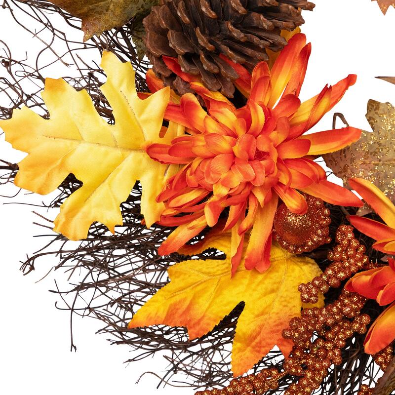 Mums and Acorns Glittered Artificial Fall Harvest Floral Twig Wreath - 22"
