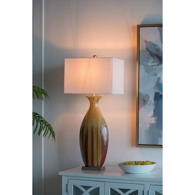 16x10.5x36 Inch Multicolor Ceramic Table Lamp with Drip Glaze and Ivory Fabric Shade