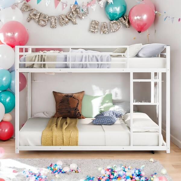 slide 2 of 27, Modern Full Over Full Convenient Design Metal Bunk Bed,Low Bunk Bed With Ladder, White