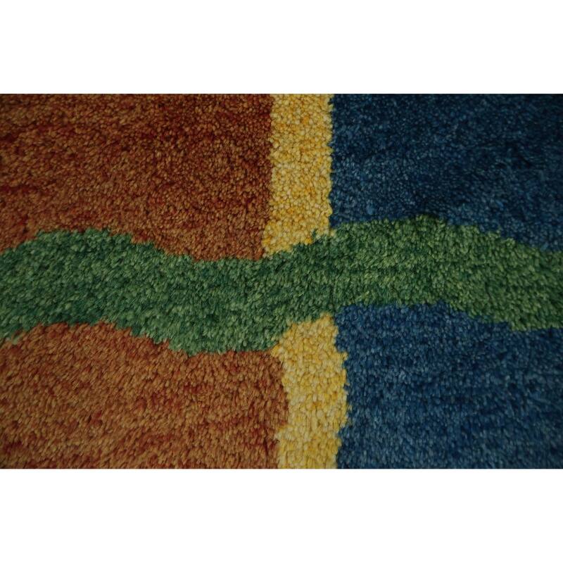 Hand Knotted Oriental 100% Wool Carpet Modern Geometric Green Gabbeh Area Rug - 5' 11'' X 4' 2''