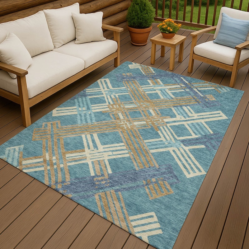 Machine Washable Indoor/ Outdoor Modern Trellis Chantille Rug - Teal - 3' x 5'