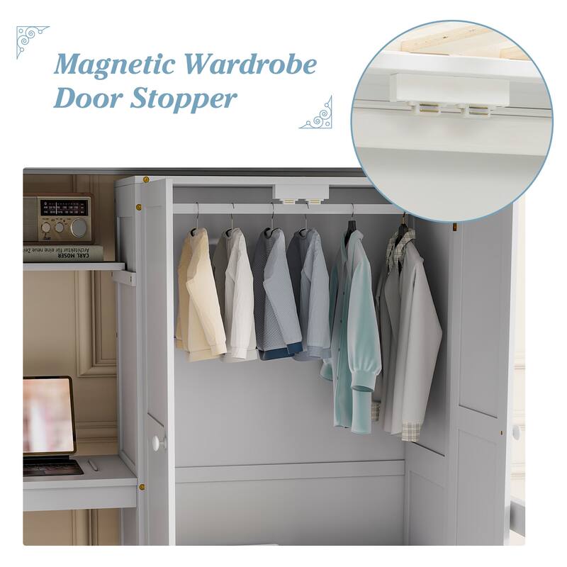 Full Size Loft Wood Bed with Desk, Book shelves and Wardrobe with Doors and Drawer, Built-in Staircase with Storage Shelves