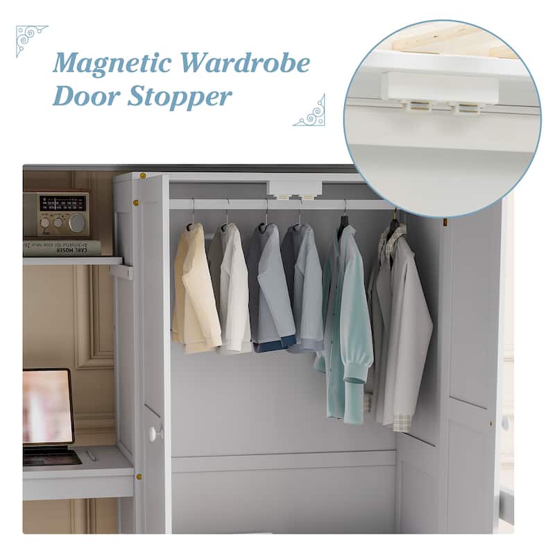 Full Size Wood Loft Bed with Desk, Wardrobe and Storage Staircase, USB Charging Station, Safety Guardrails