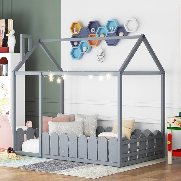 slide 2 of 14, Twin Size Wooden House Bed Frame with Roof and Fence for Kids and Teens, Sturdy Pinewood Construction