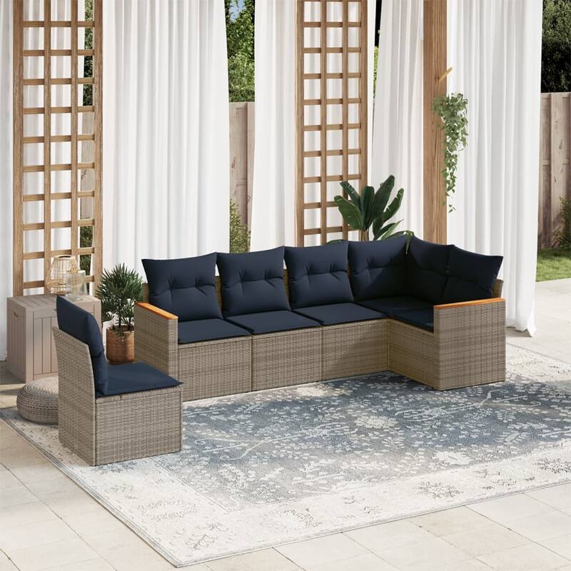vidaXL Patio Sofa Set with Cushions Outdoor Conversation Furniture Poly Rattan - 24.4x 24.4x 27.2 - Grey and Blue-Without table