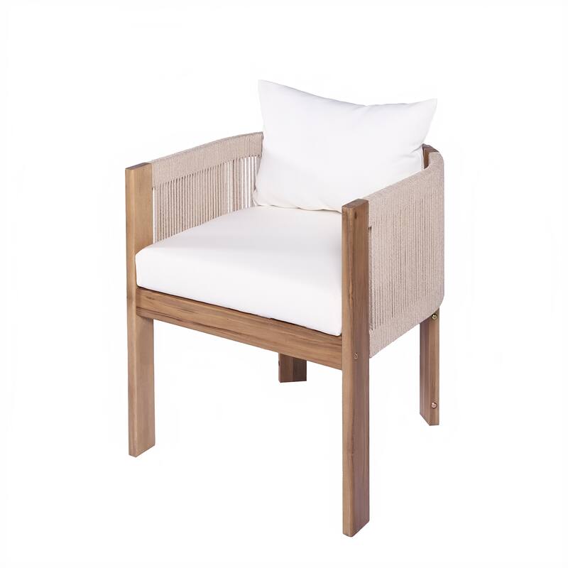 Roomfitters Matera Outdoor Acacia Wood Dining Chairs with Rope Back, Teak Finish and Beige Set of 2